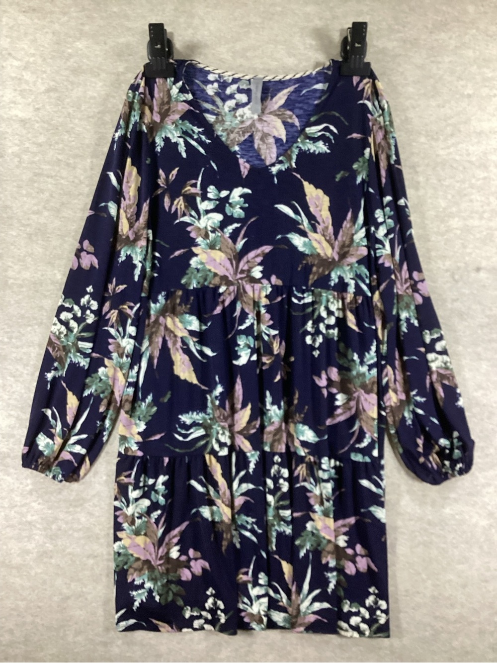 Honeyme Navy Floral Midi Dress with Pastel Green & Lavender Print